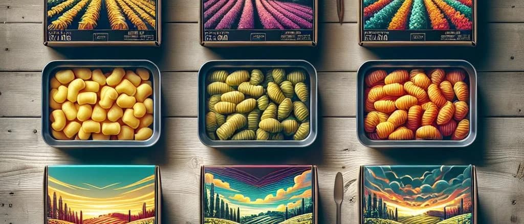 Various types of filled gnocchi on wooden table with rustic background