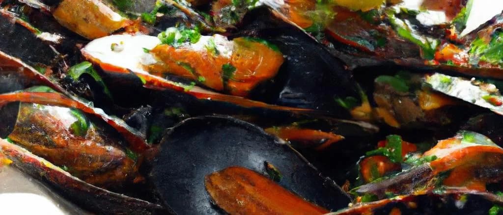 Assorted filled mussels with various fillings on a white platter