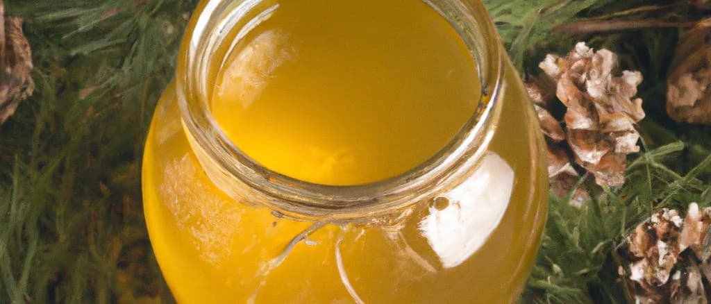 Fir honeys in various jar designs on wooden table with pinecones and branches