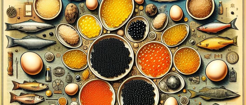 assorted fish eggs with black, red, and orange hues on elegant display