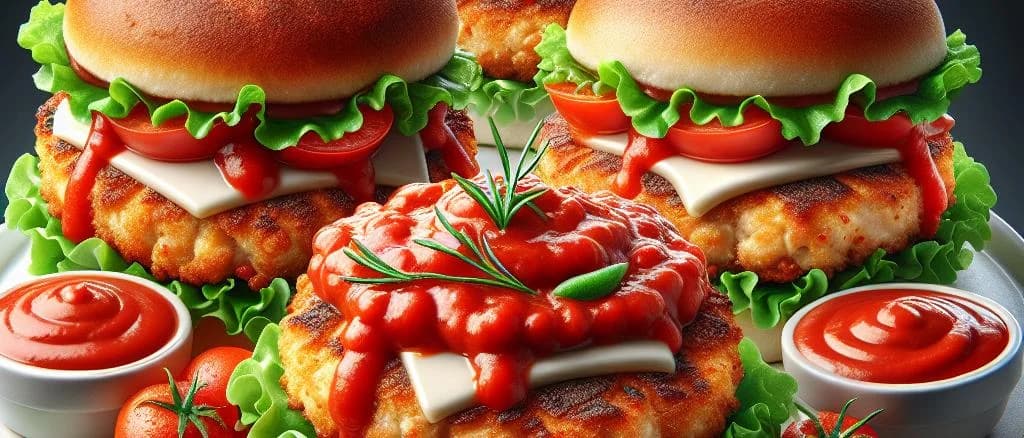 Freshly prepared fish hamburgers in various packaging options on a wooden table