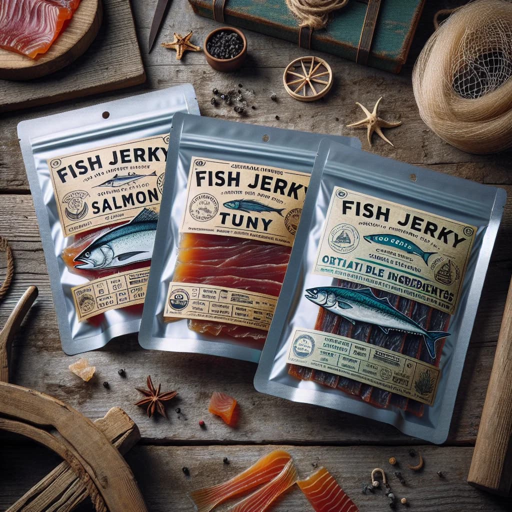 various types of fish jerky in vacuum-sealed packaging on a rustic wooden table