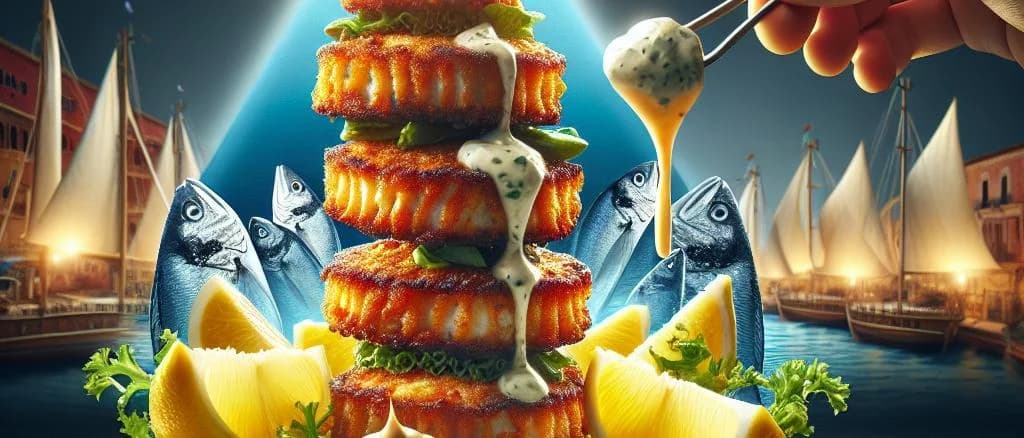 Various fish patties on a wooden board with vibrant herbs and lemon slices