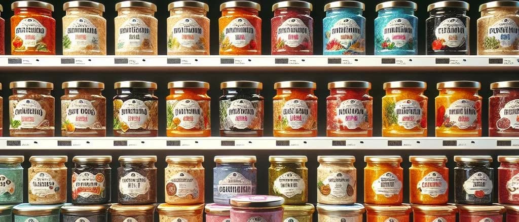 Various fish spreads in glass jars with different flavored labels on a wooden table