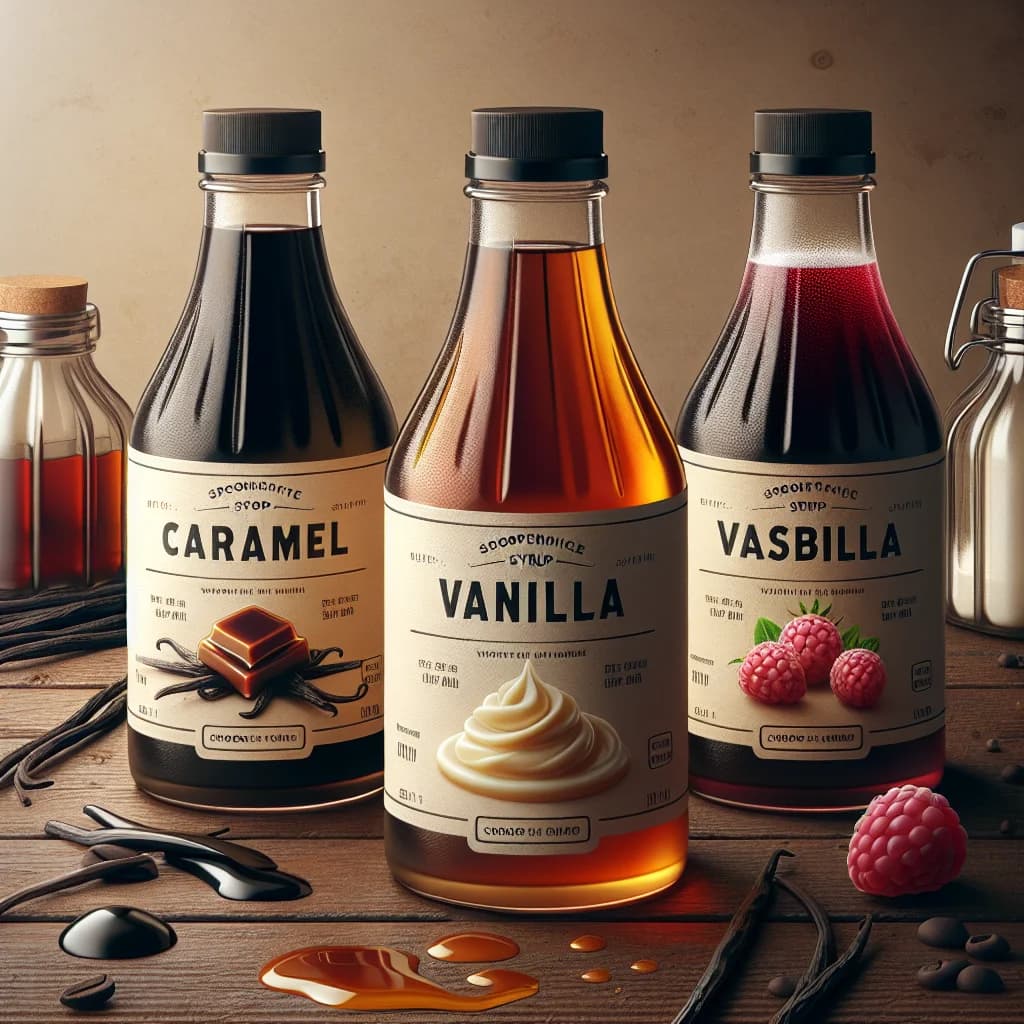 variety of flavored syrup bottles on a textured countertop with natural elements