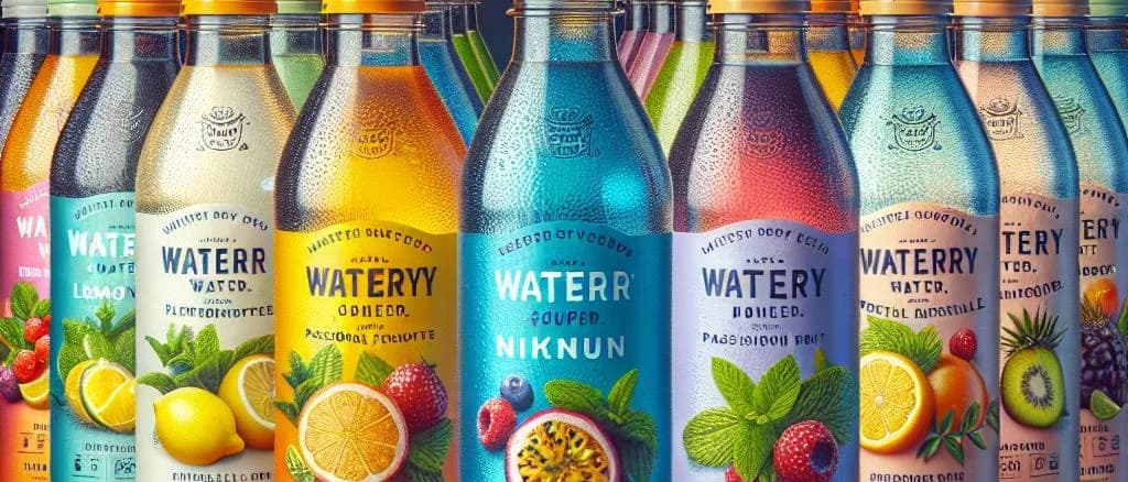 Diverse flavored water bottles in various packaging options