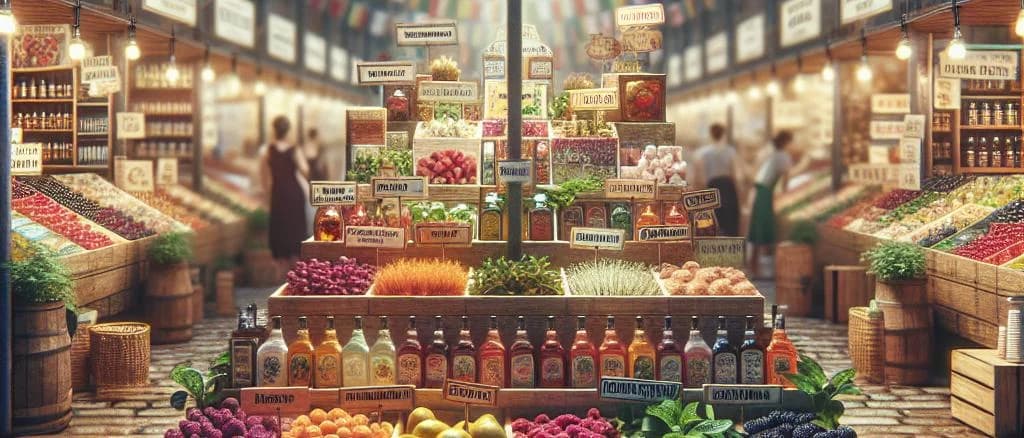 Assorted flavoring drops in glass bottles with natural ingredients in the background