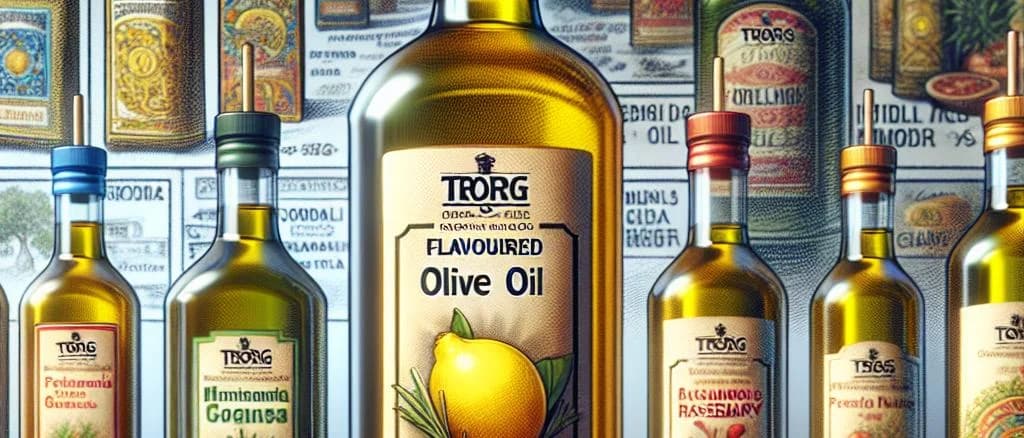 Various flavoured oils with different packaging options on a rustic wooden background