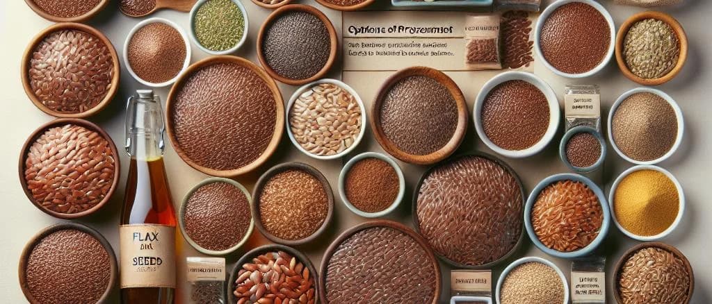 various flax seed packaging options on a neutral background