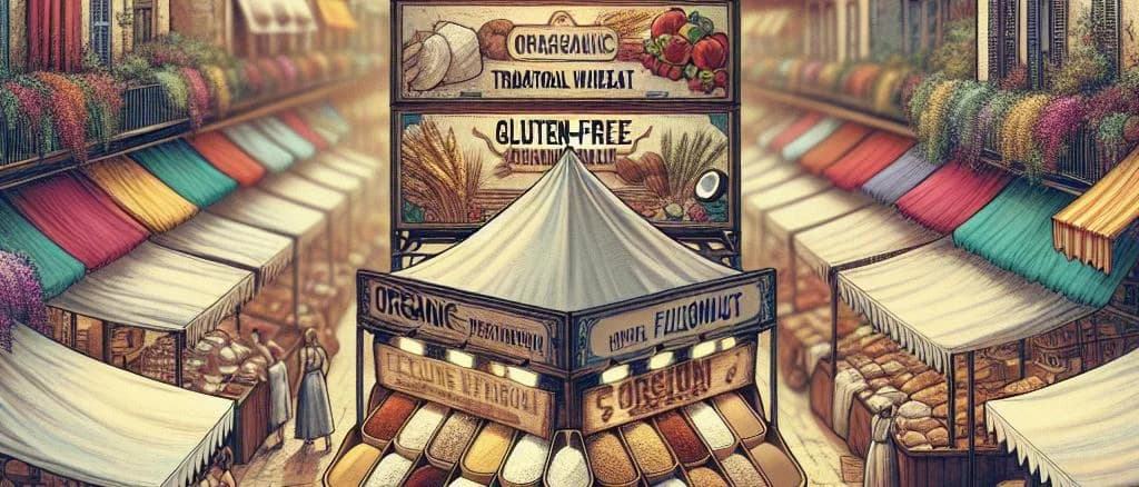 Diverse flour packaging variations on a wooden background