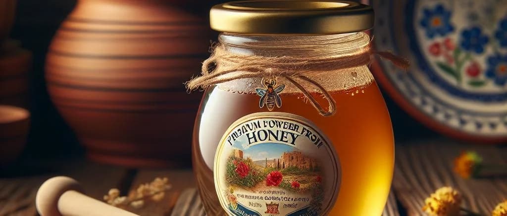 Various types of flower honey in jars with diverse packaging, displaying natural and organic labeling