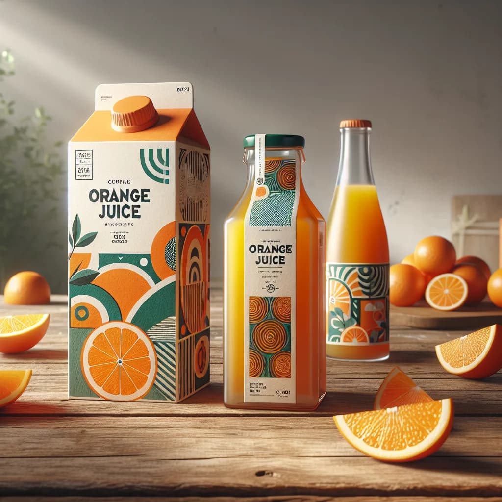 orange juice carton, glass bottle, and eco-friendly packaging on a wooden table