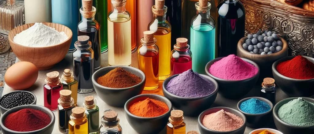 variety of food colorings in bottles and containers with colorful powders and liquids displayed on a neutral background