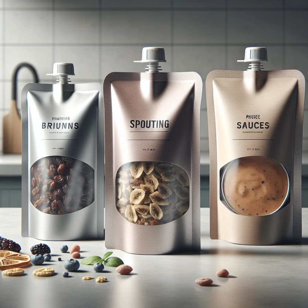 vibrant food pouch packaging on a wooden counter with different flavors and styles prominently displayed.