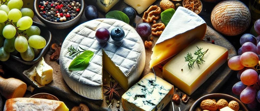 Assortment of gourmet cheeses displayed on a textured backdrop