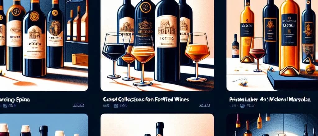 varieties of fortified wines with diverse packaging against a cellar backdrop