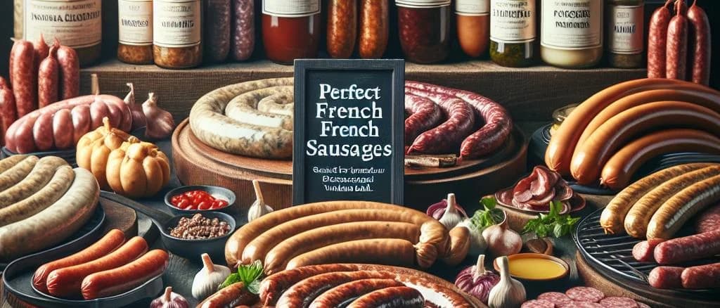 Assorted French sausages in traditional packaging with rustic background