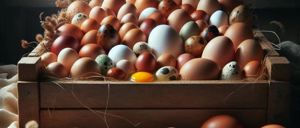 Assortment of fresh eggs in cartons with different packaging options on a wooden table