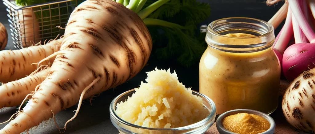 Fresh horseradish roots with different packaging variations on a rustic wooden background