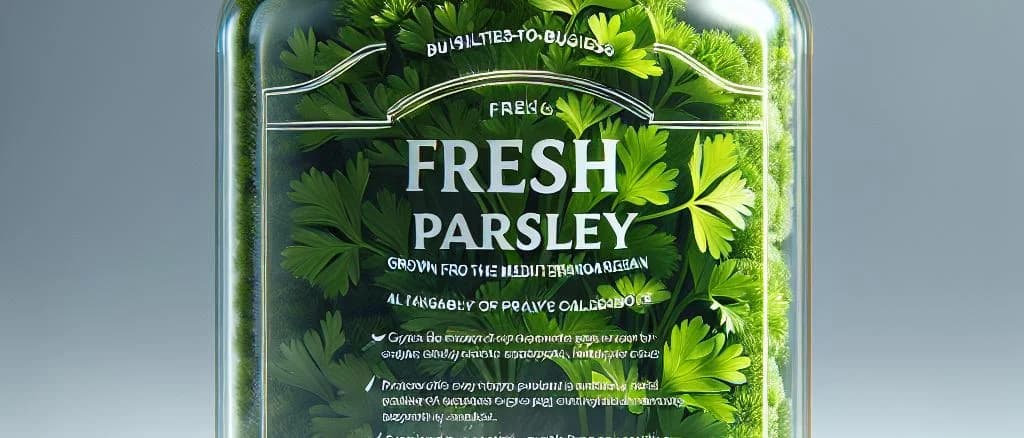 various fresh parsley sprigs on a wooden surface with different packaging designs