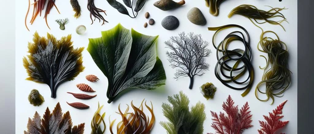 fresh seaweed varieties in different packaging on a coastal background