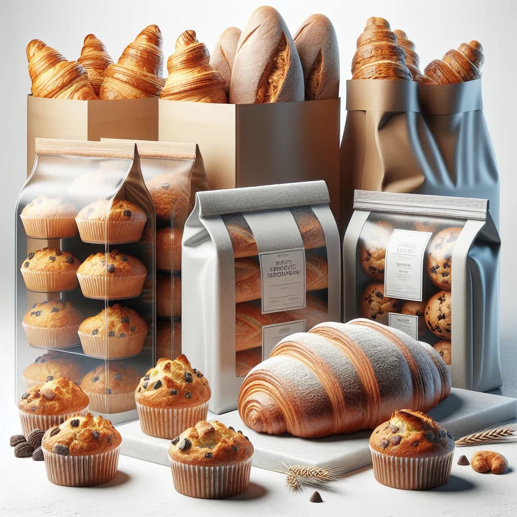 assorted frozen bakery products including croissants, baguettes, and muffins in wholesale packaging on a clean background