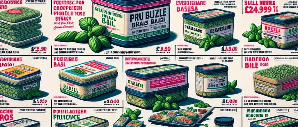 frozen basil leaves in various packaging options on a wooden table