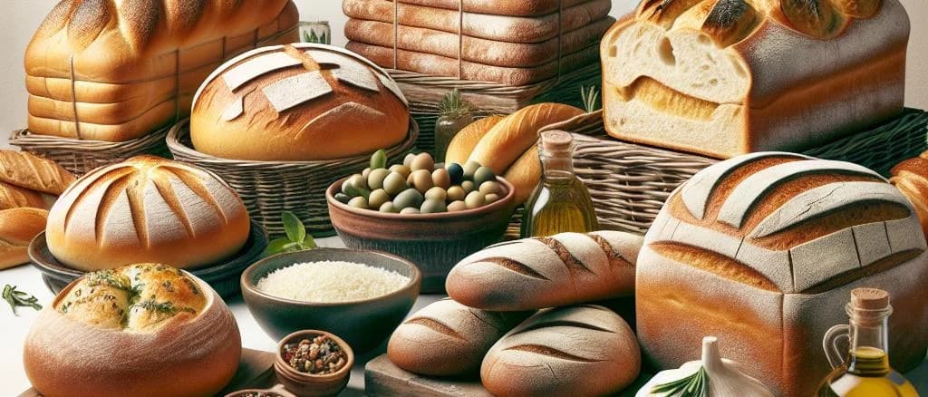 Variety of frozen bread loaves and rolls on a wooden background