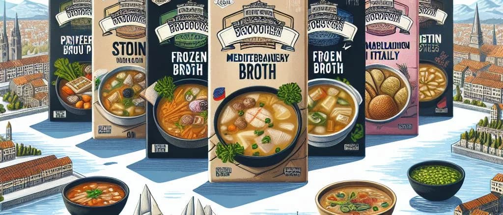 variety of frozen broth packs in eco-friendly packaging with ice crystals background