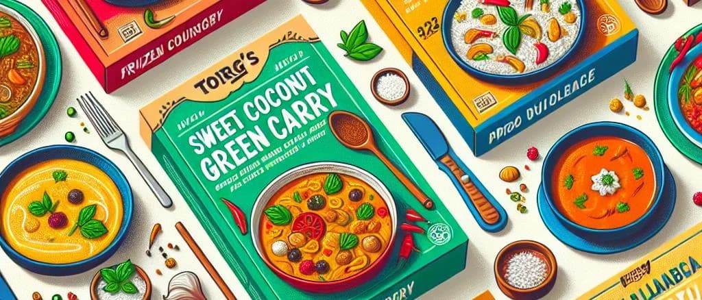 Various frozen curry dishes in colorful packaging on a wooden table