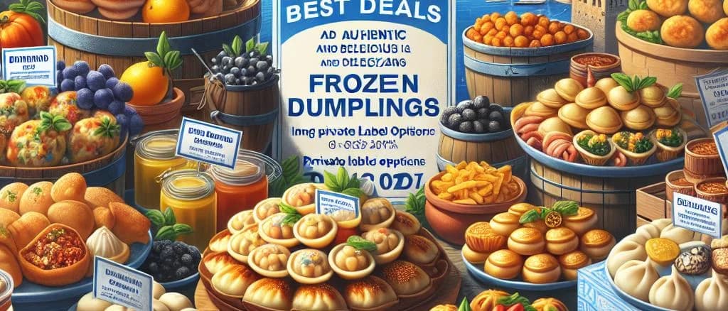 various styles of frozen dumplings on different packaging against a neutral background