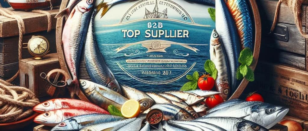 Assorted frozen fish products with ocean backdrop, including fillets and whole fish