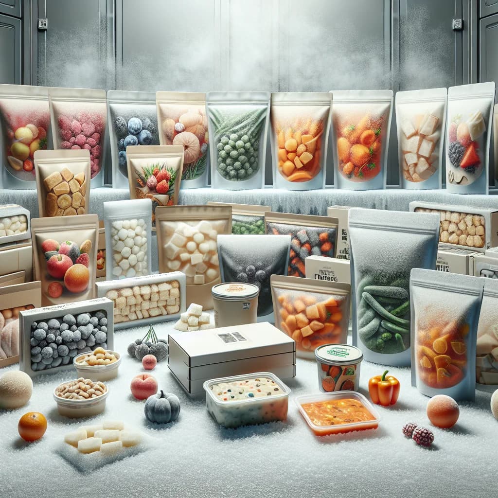 frozen goods including variety of packaged frozen foods with clean branding and bulk packaging options