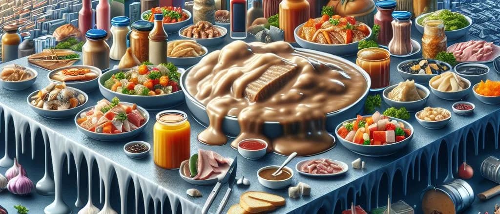 various frozen gravy products in different packaging on a kitchen countertop