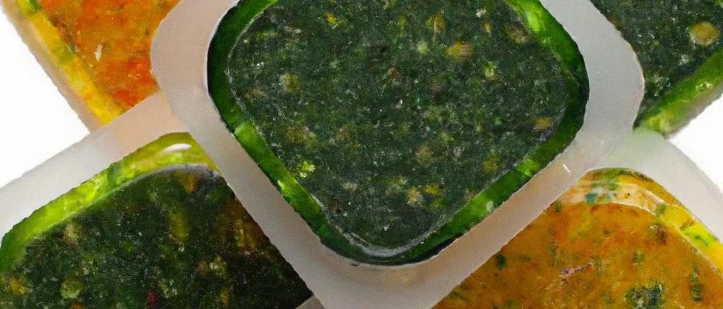 variety of frozen herbs in eco-friendly packaging on a wooden tabletop