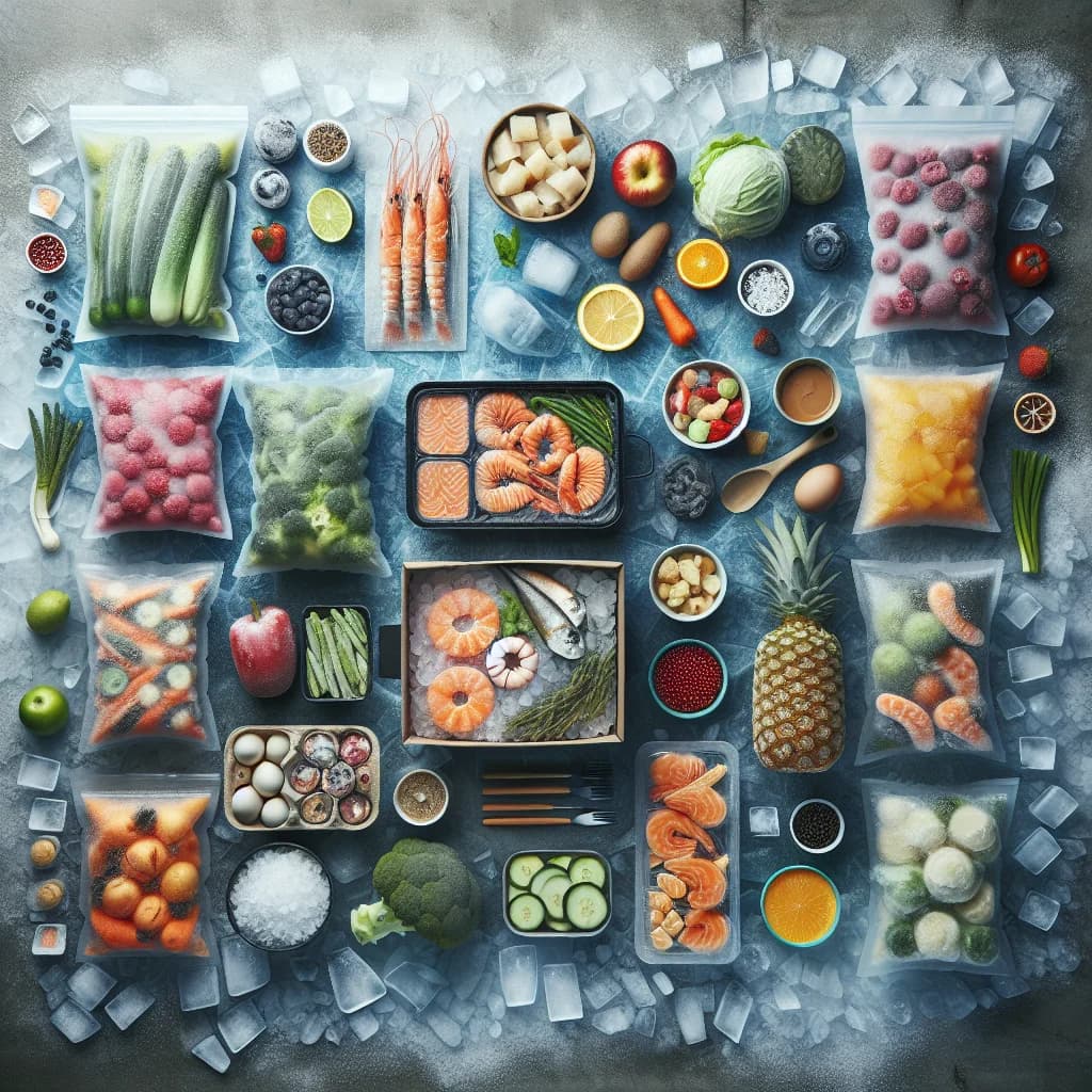 assorted frozen food items with diverse packaging, including frozen vegetables, fruits, seafood, and prepared meals, displayed on an icy background