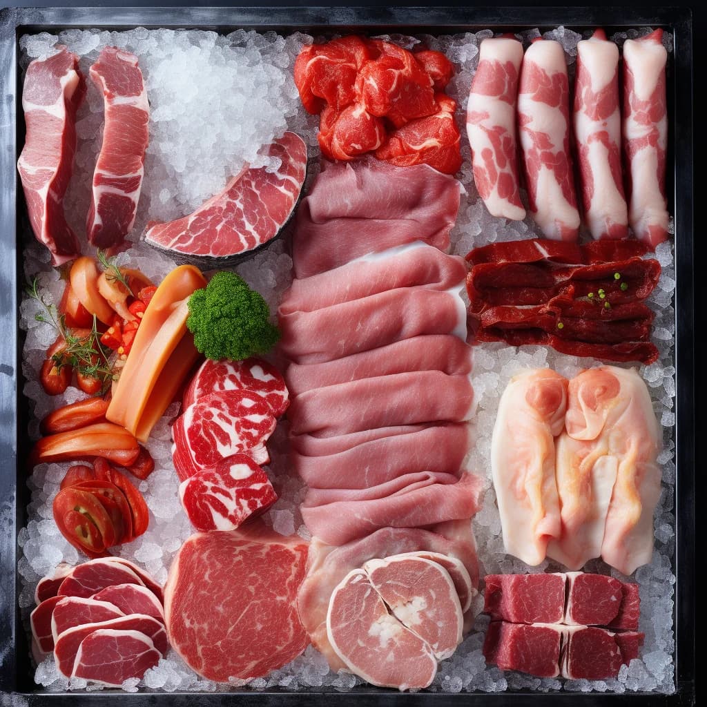 assorted frozen meat variations with packaging on a cooling surface
