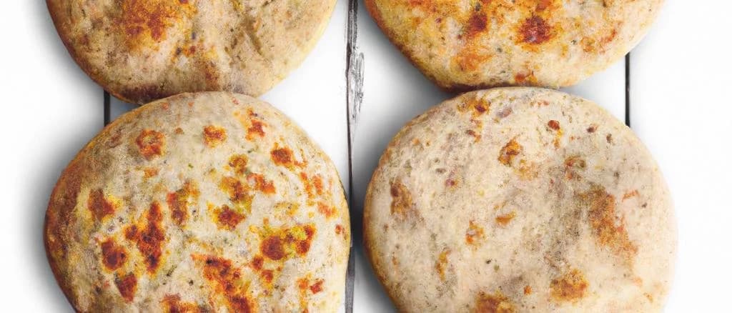 assorted frozen naan breads displayed with varied toppings on a rustic wooden table