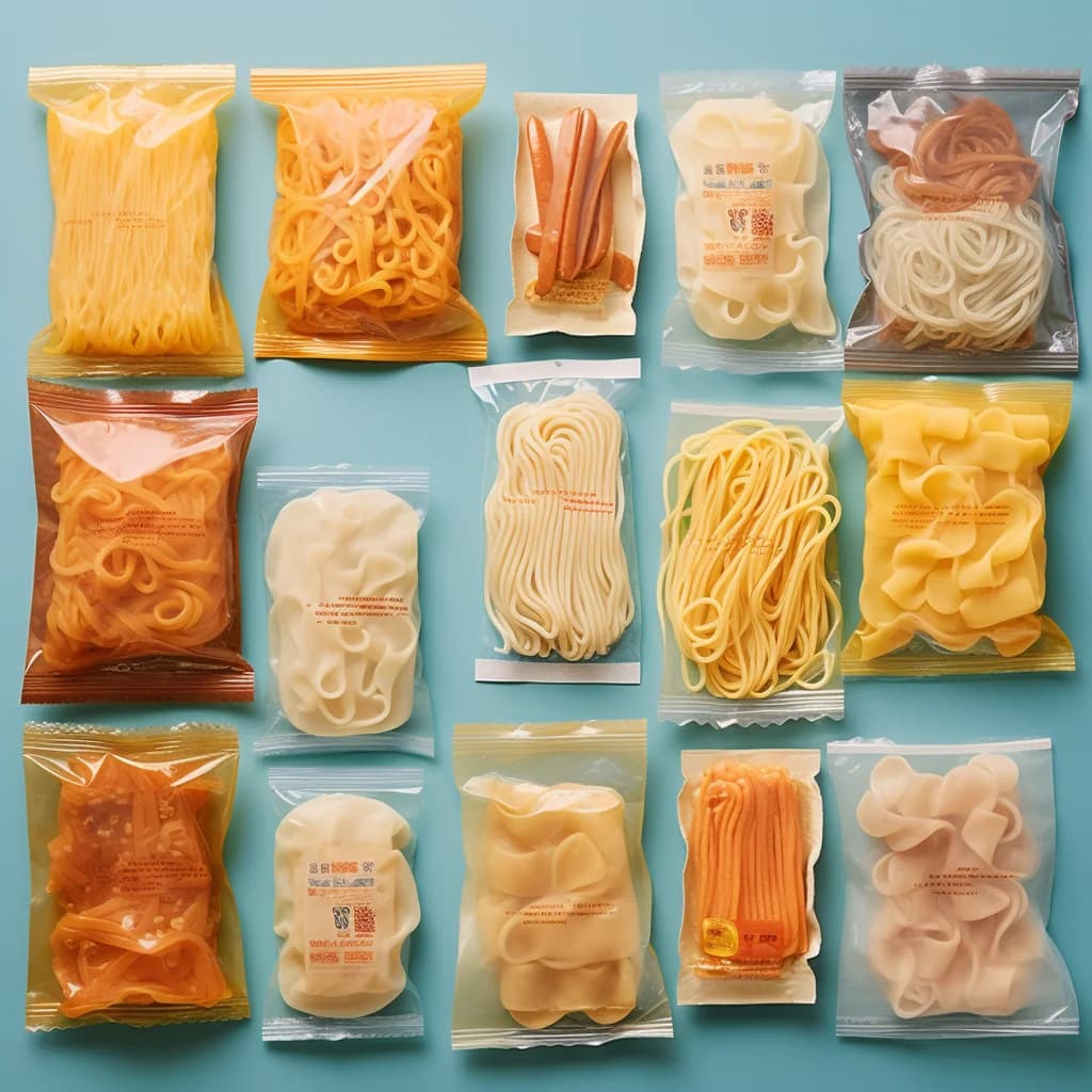 variety of frozen noodles in packaging on a wooden table