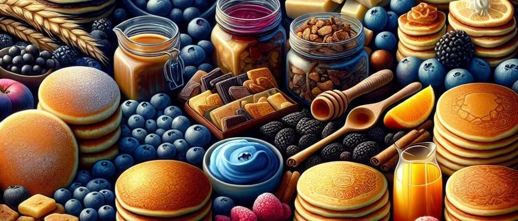 Frozen pancakes in varied packaging options with mixed berry toppings