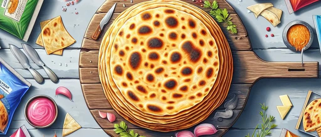 Frozen Paratha variations on wooden cutting board, with packaging options