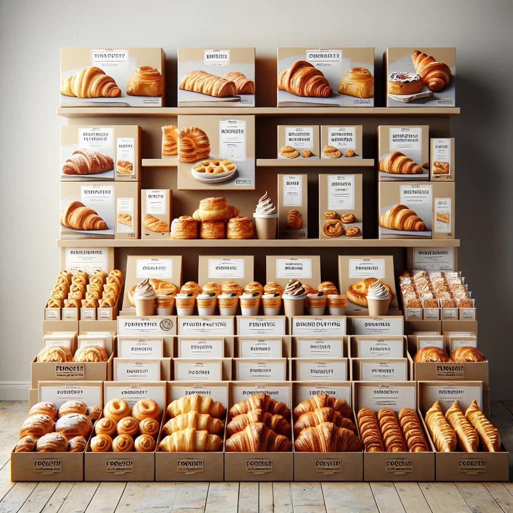 frozen pastries assortment with packaging in a professional display