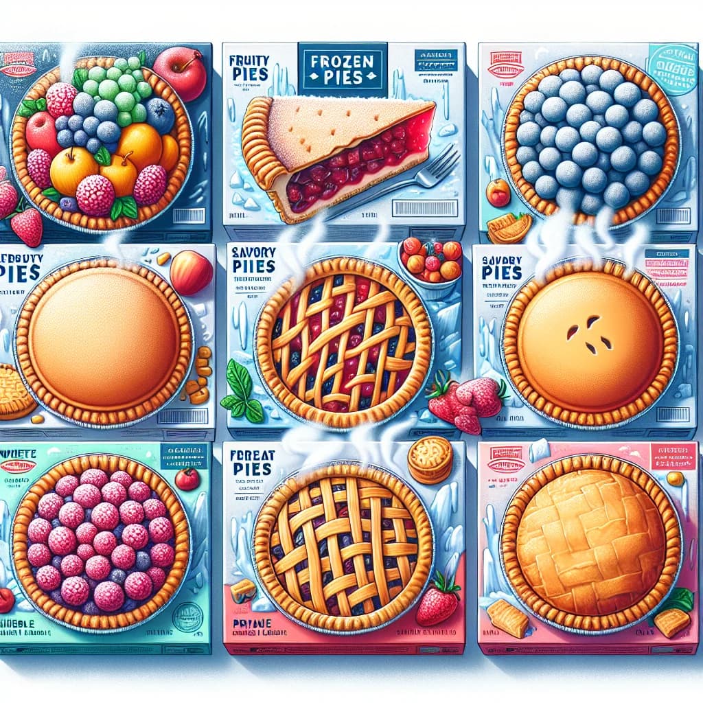 assorted frozen pies in vibrant packaging displayed on a clean, chilled countertop