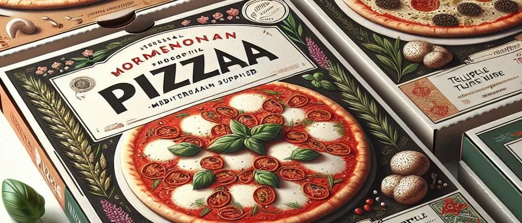 Assorted frozen pizzas with varied toppings on a rustic wooden table