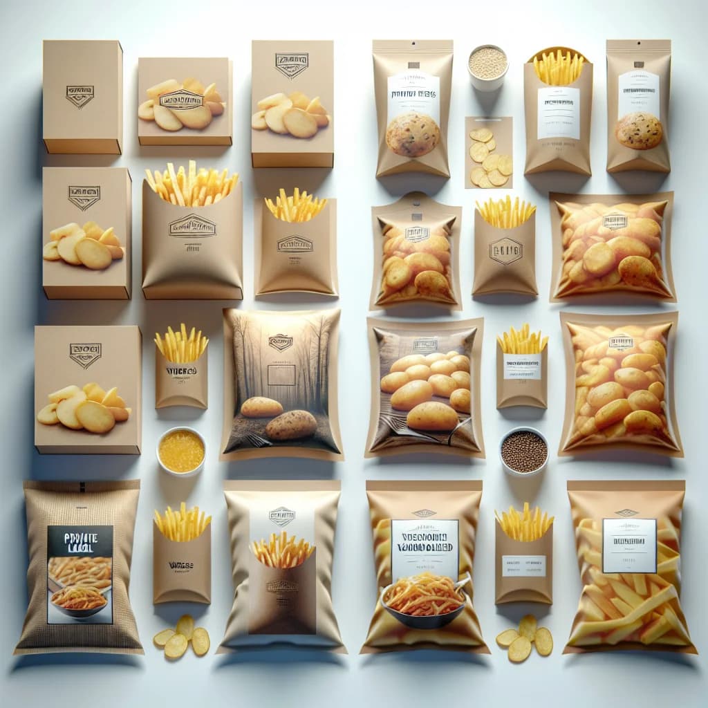 variety of frozen potato products in bulk packaging with a clean white background