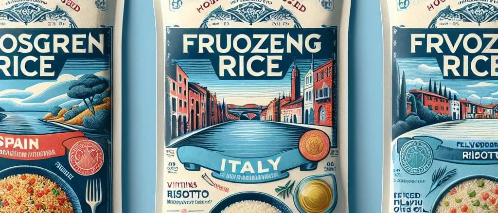 Assorted frozen rice variations in eco-friendly packaging on a wooden kitchen countertop