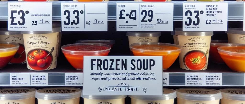 Various frozen soup packaging with a modern kitchen background