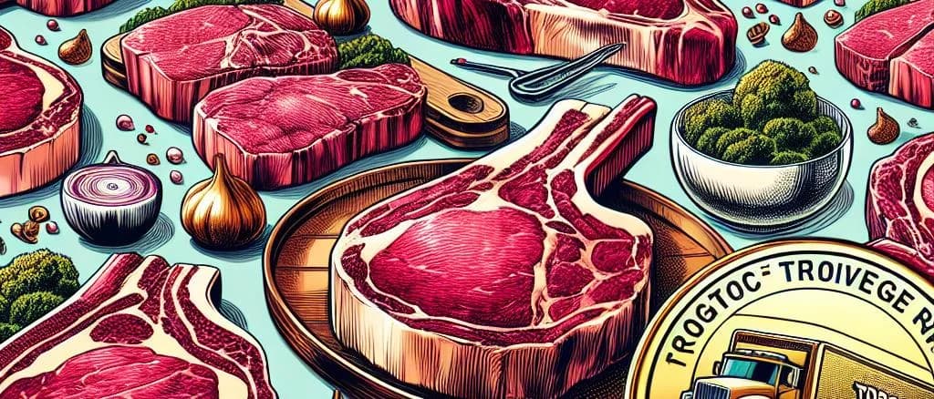 Variety of frozen steak cuts with different packaging and backgrounds