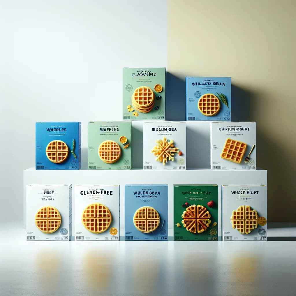 frozen waffle varieties in colorful packaging against a clean white background