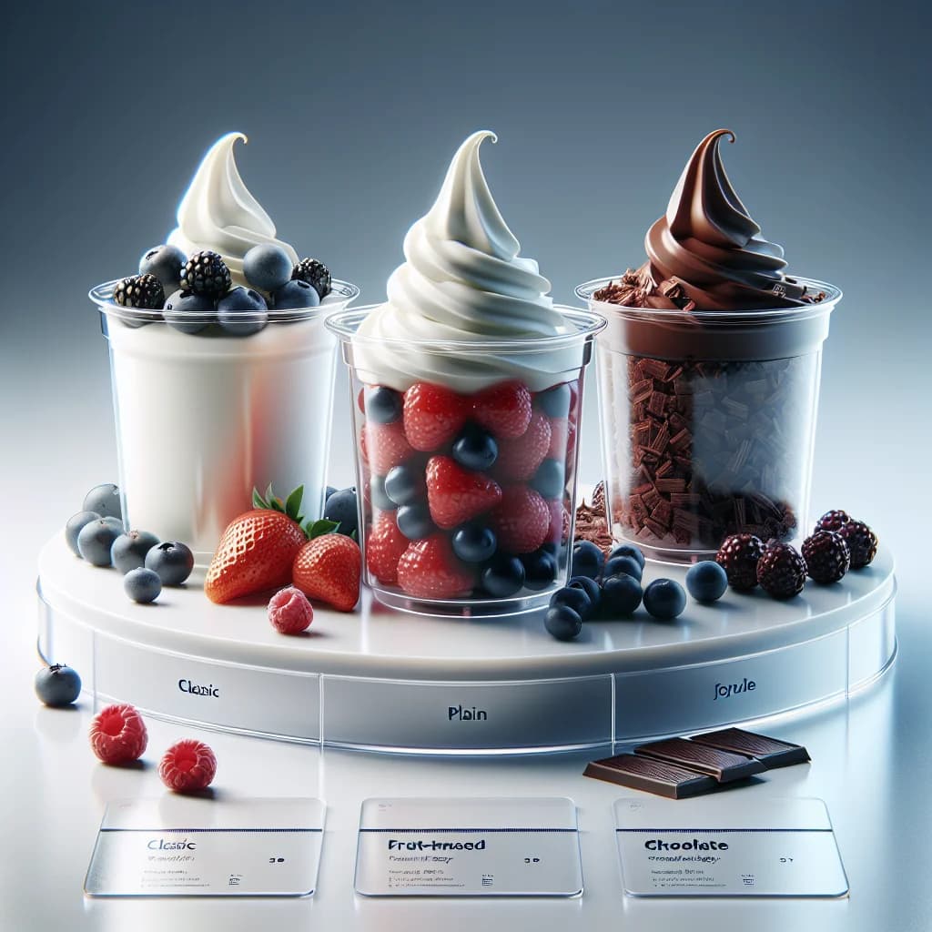 assorted frozen yogurt options in clear cups with vibrant fruit toppings and colorful swirls on a clean white background